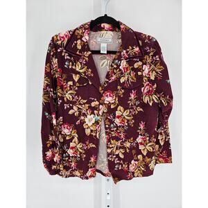Passports Womens Sz L Long Sleeve Button Up Corduroy Shirt Dark Purple Floral